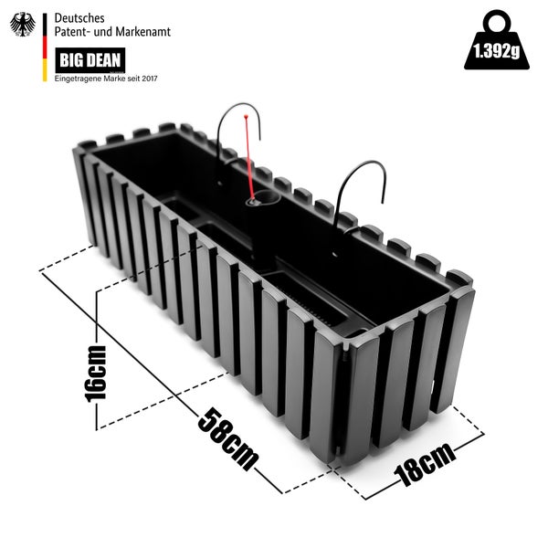 BigDean Balkonkasten Lattenzaun Optik in Anthrazit Optik aus wetterfestem & robustem Kunststoff 60 cm– Balkonkasten mit Halterung & Wasserstandsanzeige – Made in Europe