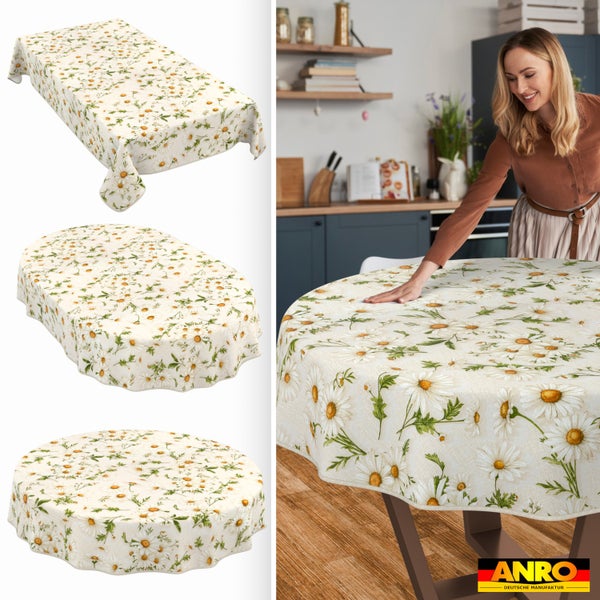Abwischbare Tischdecke mit Gänseblümchen-Motiv in rechteckig, oval und rund sowie Anwendungsfoto in der Küche. ANRO Logo.