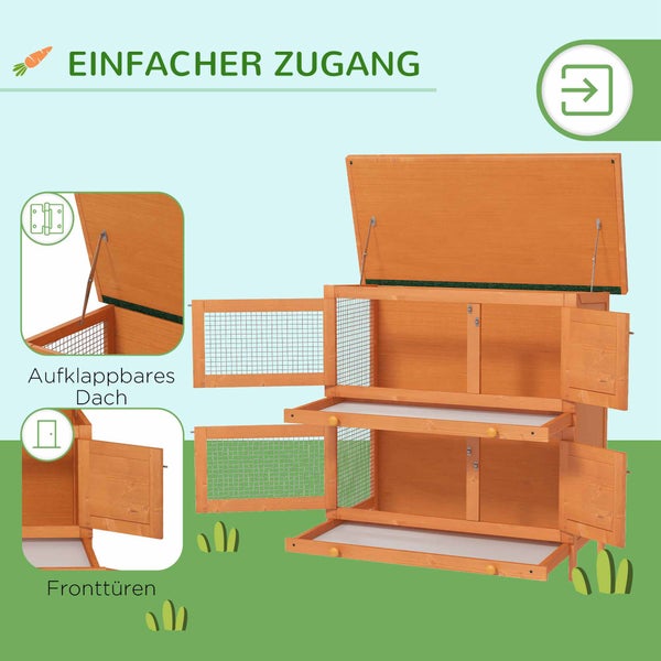 PawHut Kleintierstall Kleintierhaus mit Asphaltdach Zwergkaninchenstall doppelstöckig Meerschweinchenstall wetterbeständig Kleintierkäfig Tierstall für Outdoor Tannenholz 90 x 45 x 90 cm Gelb