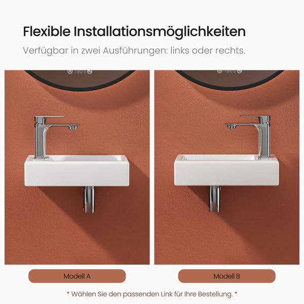 EMKE Waschbecken Keramik 370 × 178 mm, Rechteck, glänzend Weiß, Höhe 95 mm, mit Bohrung links für Wasserhahn, Wandmontage, für Badezimmer und Gäste-WC, Handwaschbecken, Wandwaschbecken