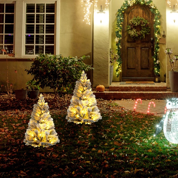 HOMCOM 90 cm 2er-Set Künstlicher Weihnachtsbaum, Christbaum mit 100 LED-Lichten 151 Astspitzen flammhemmend, für Weihnachtsfest, Indoor, Grün+Weiß