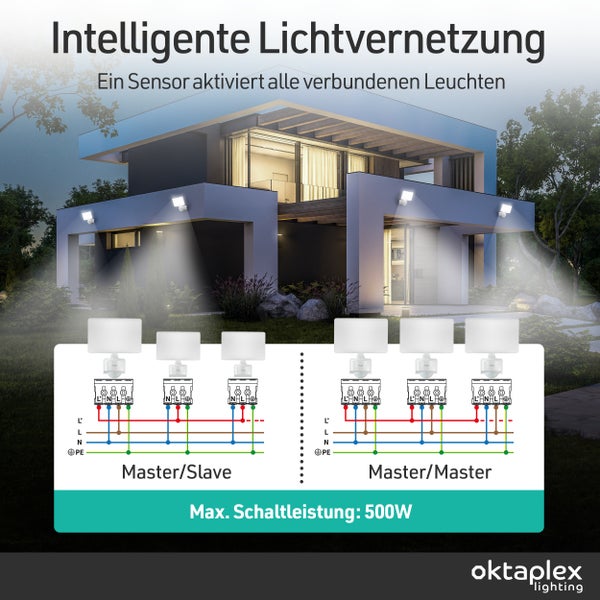 Szene mit intelligent vernetzten Außenleuchten und einem Schaltplan für die Master-Slave- und Master-Master-Konfiguration