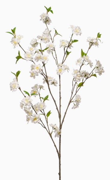 Künstlicher Kirschblütenzweig mit weißen Blüten und grünen Blättern.