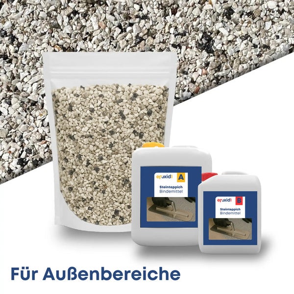 Steinteppich-Komplettset für Außenbereiche mit Naturstein-Granulat im Beutel und zwei Kanistern epoxid1 Bindemittel A und B.
