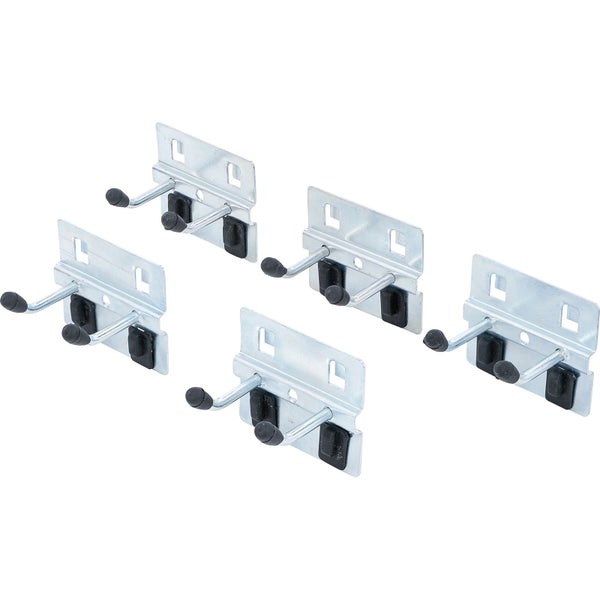 Fünfteiliges Set Gerätehalter aus Metall mit schwarzen Schutzkappen für die Wandmontage.