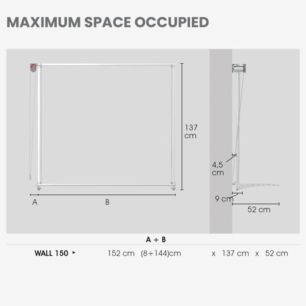 Maximale Raumbedarfsmaße eines Wandsystems: 152 cm Breite, 137 cm Höhe und 52 cm Tiefe.