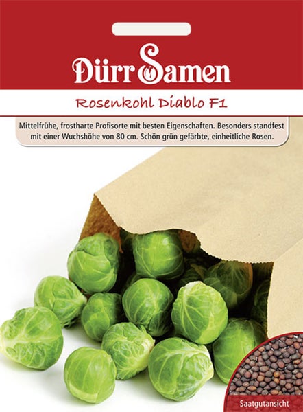 Dürr Samen Logo, Samenpackung für Rosenkohl Diablo F1 mit Abbildung von Rosenkohl in einer Papiertüte und einer Nahaufnahme der Samen.