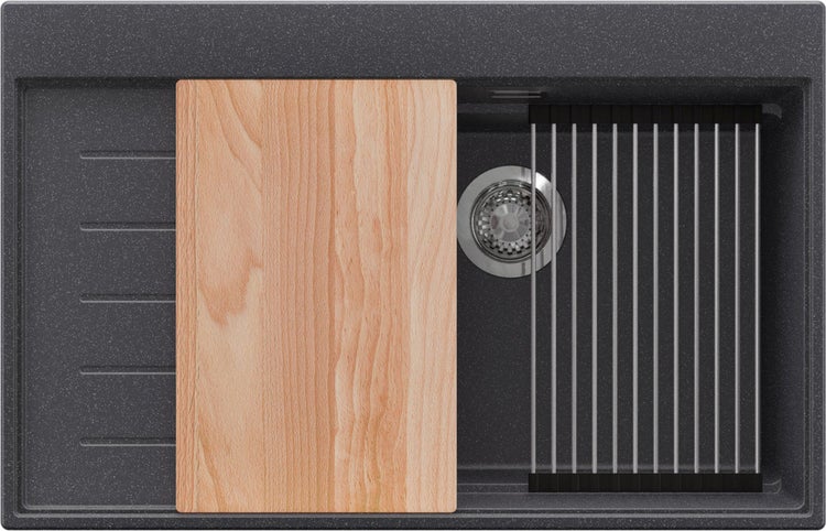 Spüle mit Schneidebrett und Abtropfgestell