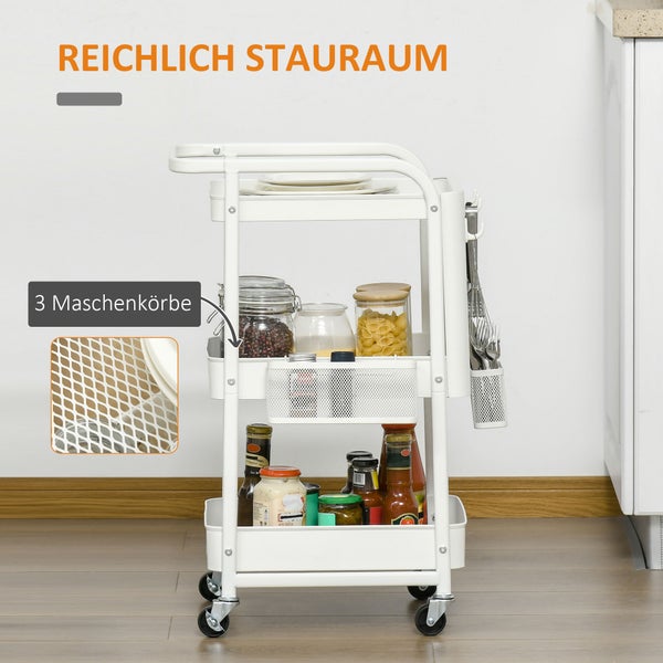 HOMCOM Rollwagen 3-Etagen Küchenwagen mit Schubladen und Korb für Küche Büro  Aufbewahrungswagen Servierwagen Küchenregal mit Rollen Schlafzimmer Wohnzimmer Stahl Weiß  51,5 x 32 x 75,6 cm