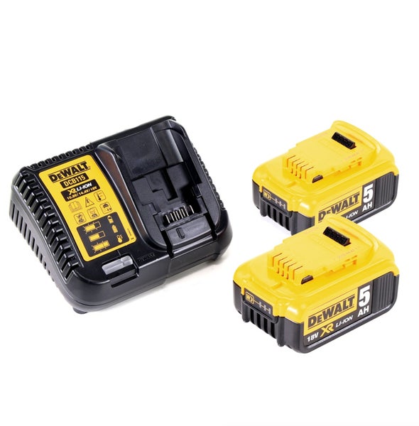 DeWalt Akku-Set bestehend aus einem Schnellladegerät DCB115 und zwei Lithium-Ionen-Akkus mit 18 Volt und 5 Amperestunden.