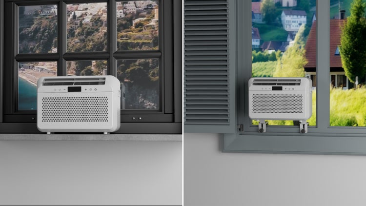 Mobiles Fensterklimagerät mit digitaler Anzeige, montiert in zwei unterschiedlichen Fenstertypen mit verschiedenen Befestigungsmöglichkeiten.