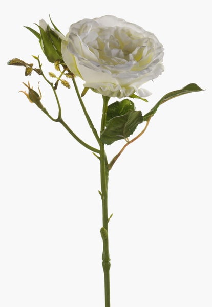 Künstliche weiße Rose mit einer Blüte, einer Knospe und grünen Blättern am Stiel.