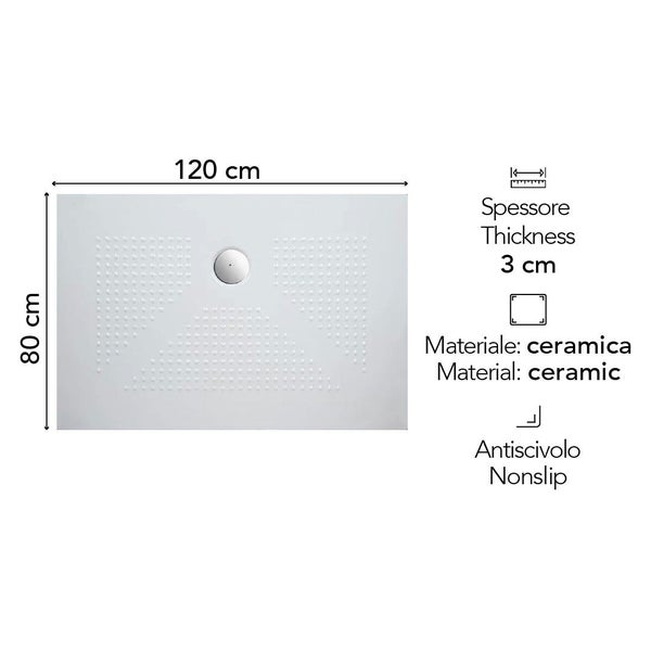 Duschwanne aus Keramik, rechteckig, rutschhemmend, Maße 120 mal 80 Zentimeter, Stärke 3 Zentimeter.