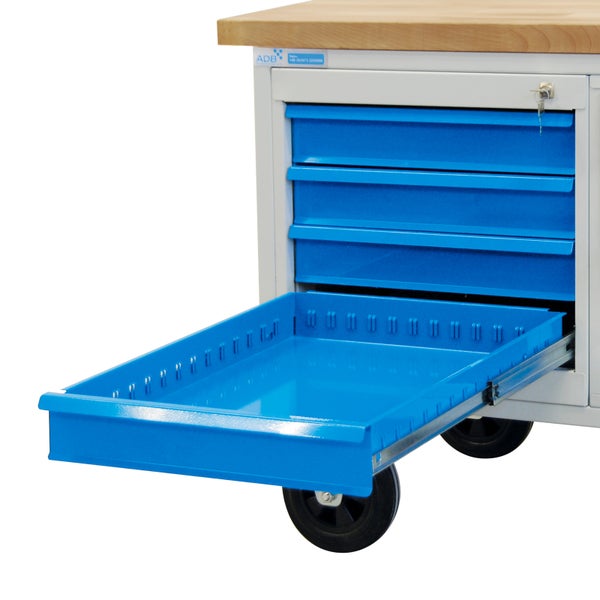 PROREGAL Mobile Werkbank Rhino mit 4 Schubladen Tür HxBxT 83 x 130 x 60 cm Traglast 500 kg Lichtgrau Blau