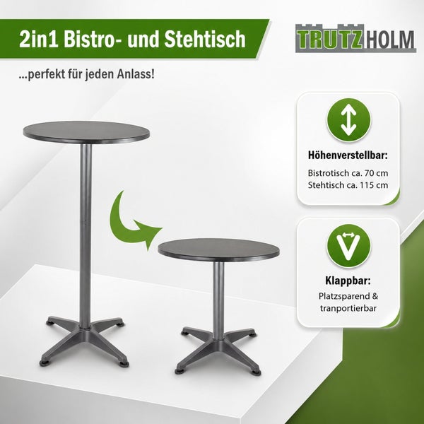 TrutzHolm 2in1 Bistro- und Stehtisch, höhenverstellbar auf circa 70 cm oder 115 cm, klappbar für platzsparende Aufbewahrung und Transport.