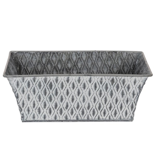 Rechteckige Pflanzschale aus Metall mit Rautenmuster und Vintage-Finish.