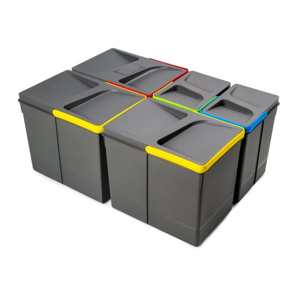 Set aus fünf grauen Abfalleimern aus Kunststoff zur Mülltrennung mit farbigen Deckelrand-Details in Gelb, Rot, Grün und Blau.