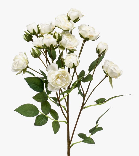 Künstlicher Rosenzweig mit weißen Blüten und grünen Blättern.