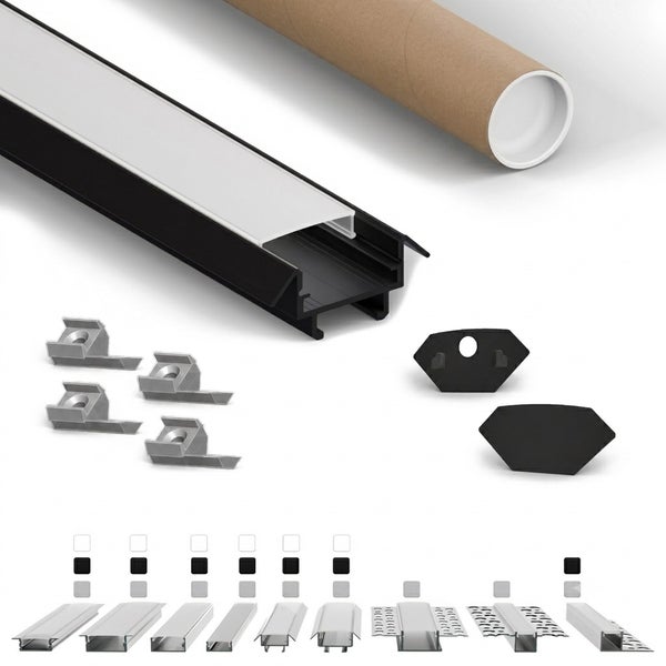 LED Aluminium Einbauprofil mit Abdeckung Endkappen und Halteklammern in einer Transportrolle