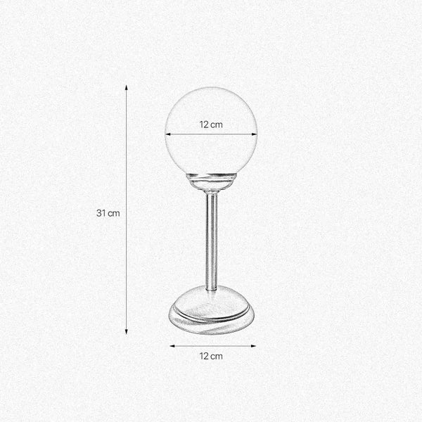 Abmessungen einer Tischleuchte: Höhe 31 cm, Durchmesser des Leuchtkörpers und des Sockels jeweils 12 cm.