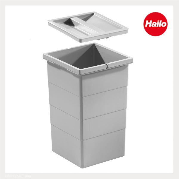 Hailo Abfalleimer aus Kunststoff mit Deckel und Hailo Logo.