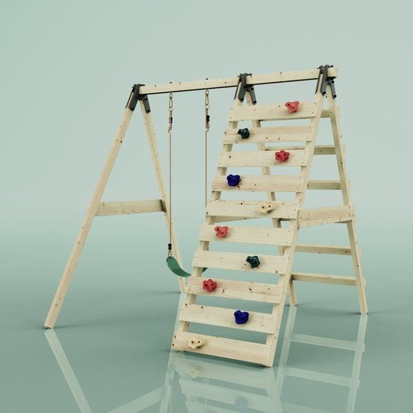 Klettergerüst aus Holz für Kinder mit Schaukel und Kletterwand mit bunten Griffen.