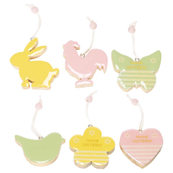 Dekorative Osteranhänger aus Holz in verschiedenen Formen