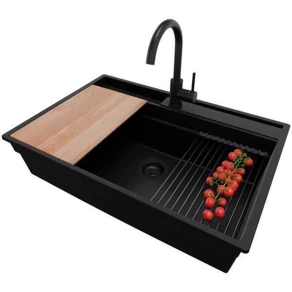 PRIMAGRAN Granitspüle Alles Schwarz 78x53cm, Spülbecken 1 Becken + Küchenarmatur 32x20cm + Ablauf-Set + Küchenzubehörset, Küchenspüle ab 80er Unterschrank - Oslo Pocket