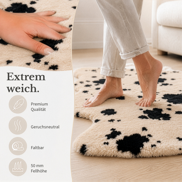 Extrem weicher Teppich in Kuhfell-Optik, Florhöhe 50 Millimeter, geruchsneutral, faltbar, Premium-Qualität.