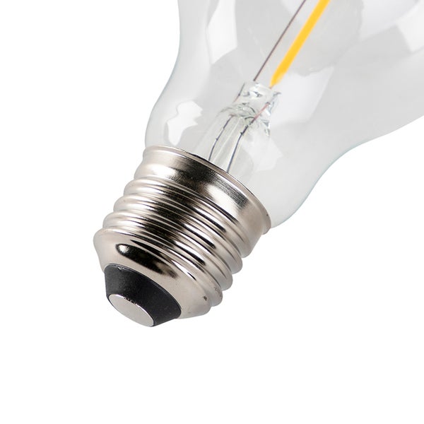 Nahaufnahme des E27 Sockels einer LED-Filament-Lampe aus Glas.