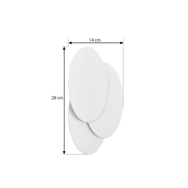 Moderne weiße Wandleuchte mit drei überlappenden ovalen Elementen, Höhe 28 Zentimeter, Tiefe 14 Zentimeter.