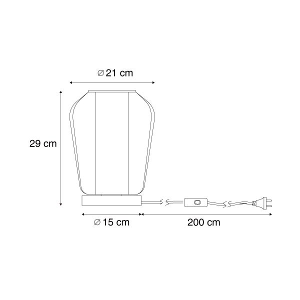 Technische Zeichnung einer Tischleuchte mit Abmessungen: Höhe 29 Zentimeter, oberer Durchmesser 21 Zentimeter, Basisdurchmesser 15 Zentimeter und Kabellänge 200 Zentimeter.