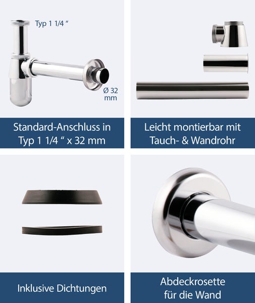Sanitop-Wingenroth Flaschengeruchsverschluss | Tassensiphon in 1 1/4 x 32 mm | ideal für kleine Bäder | Metall | Chrom | 221221