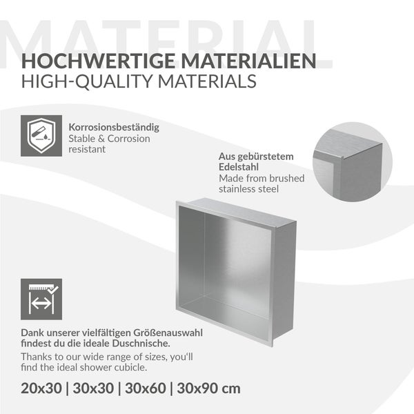Duschnische aus gebürstetem Edelstahl, korrosionsbeständig, erhältlich in den Größen 20x30, 30x30, 30x60 und 30x90 Zentimeter.