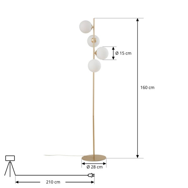 Stehlampe mit vier Lampenschirmen und Größenangaben