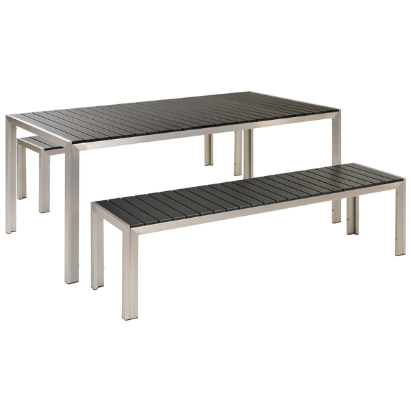Gartentischgruppe mit Bank, Tisch und Sitzbank aus Metall und Holz