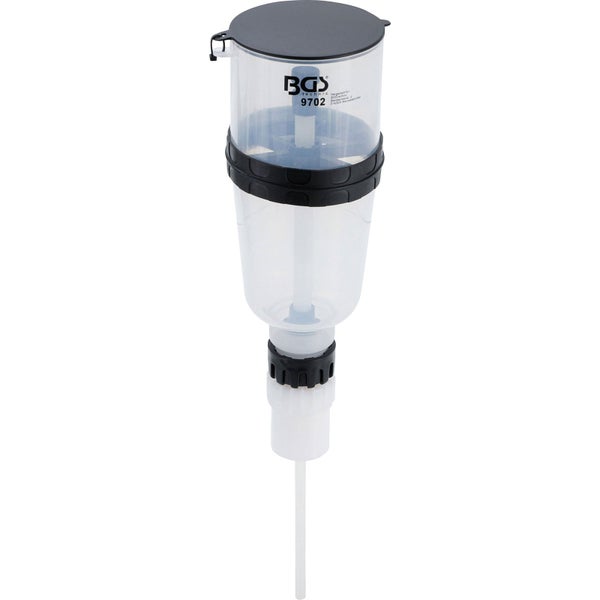 BGS Technic Bremsenentlüfter-Nachfüllbehälter aus Kunststoff, transparent mit schwarzem Deckel.
