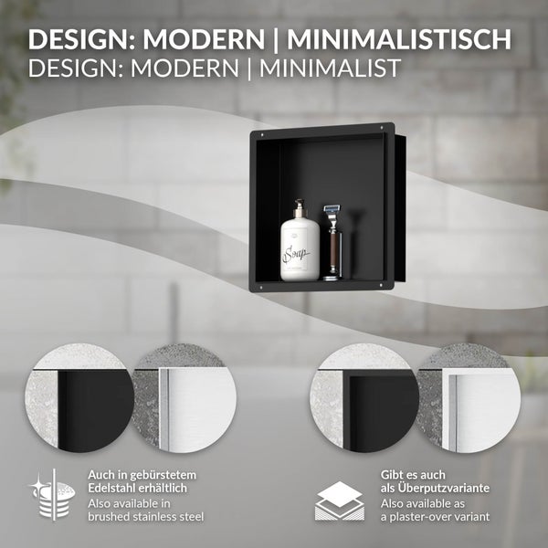 Moderne minimalistische Wandeinbaunische in Schwarz für das Badezimmer, auch erhältlich als Überputzvariante und in gebürstetem Edelstahl.