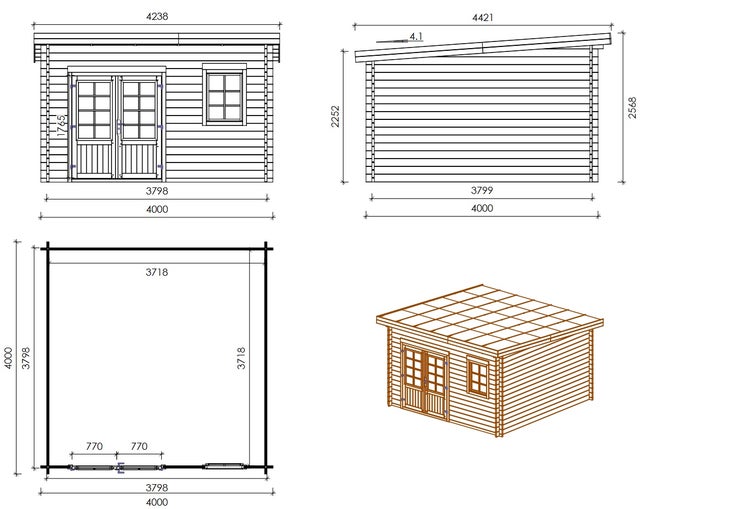 Gartenhaus, Gerätehaus 16m2 - 4x4m - 40mm - Imprägniert