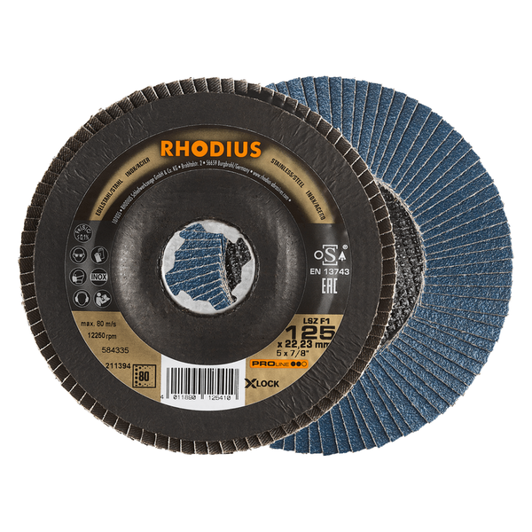 RHODIUS Fächerscheibe LSZ F1 X-LOCK, 10 Stück, 125 x 22,23 mm, Korn 80, für Edelstahl, Stahl, Metall, PROline