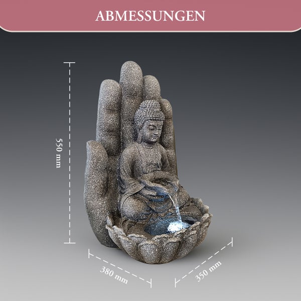 Buddha-Brunnen in Handform mit Steinoptik, Maße: Höhe 550 Millimeter, Breite 380 Millimeter, Tiefe 350 Millimeter.