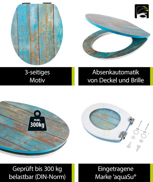 aquaSu® WC-Sitz mit Absenkautomatik, Dekor Treibholz, High-Gloss Toilettensitz mit Holzkern, Fast-Fix Schnellbefestigung, Standard O Form universal, Toilettendeckel glänzend, 401937