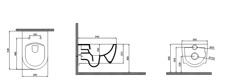Technische Zeichnung eines Wand-WCs mit Maßangaben