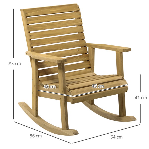 Outsunny Schaukelstuhl Schwingsessel mit Armlehne Relaxstuhl Gartenstuhl für Terrasse, Balkon, Belastbarkeit bis 130 kg, 64 x 86 x 85 cm, Tannenholz, Hellbraun