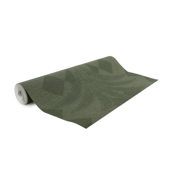 Vliestapete mit geometrischem Muster und Blattmotiven, teilweise ausgerollt.