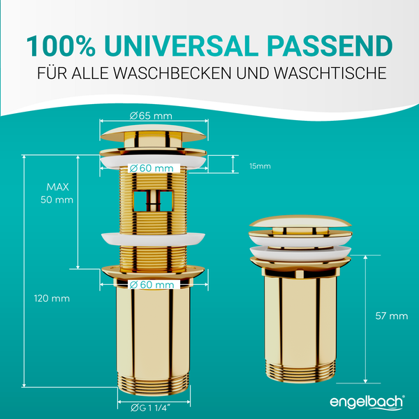 Engelbach® Universal Waschbecken Ablaufgarnitur - Pop up Ablaufventil mit und ohne Überlauf inklusive Einbauanleitung