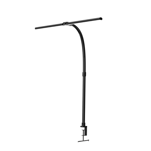 Schwarze LED-Schreibtischlampe mit Klemme und zweigeteiltem horizontalem Leuchtkopf.
