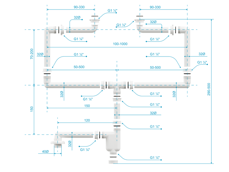 Diagramm der Sanitärinstallation mit Abmessungen