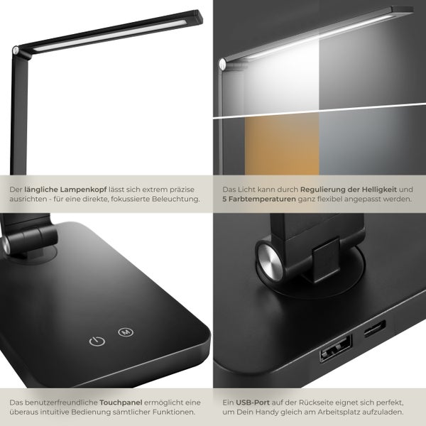 tectake Novaly Schreibtischlampe Novaly, LED, dimmbar, klappbar, 5W inklusive USB-Anschluss schwarz
