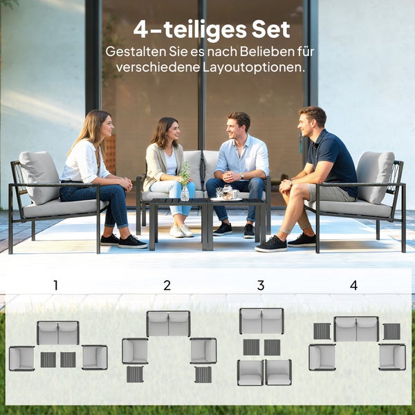 4-teiliges Garten-Lounge-Set auf einer Terrasse mit Sofa, zwei Sesseln und Tischen sowie vier verschiedenen Layoutoptionen zur Anordnung.